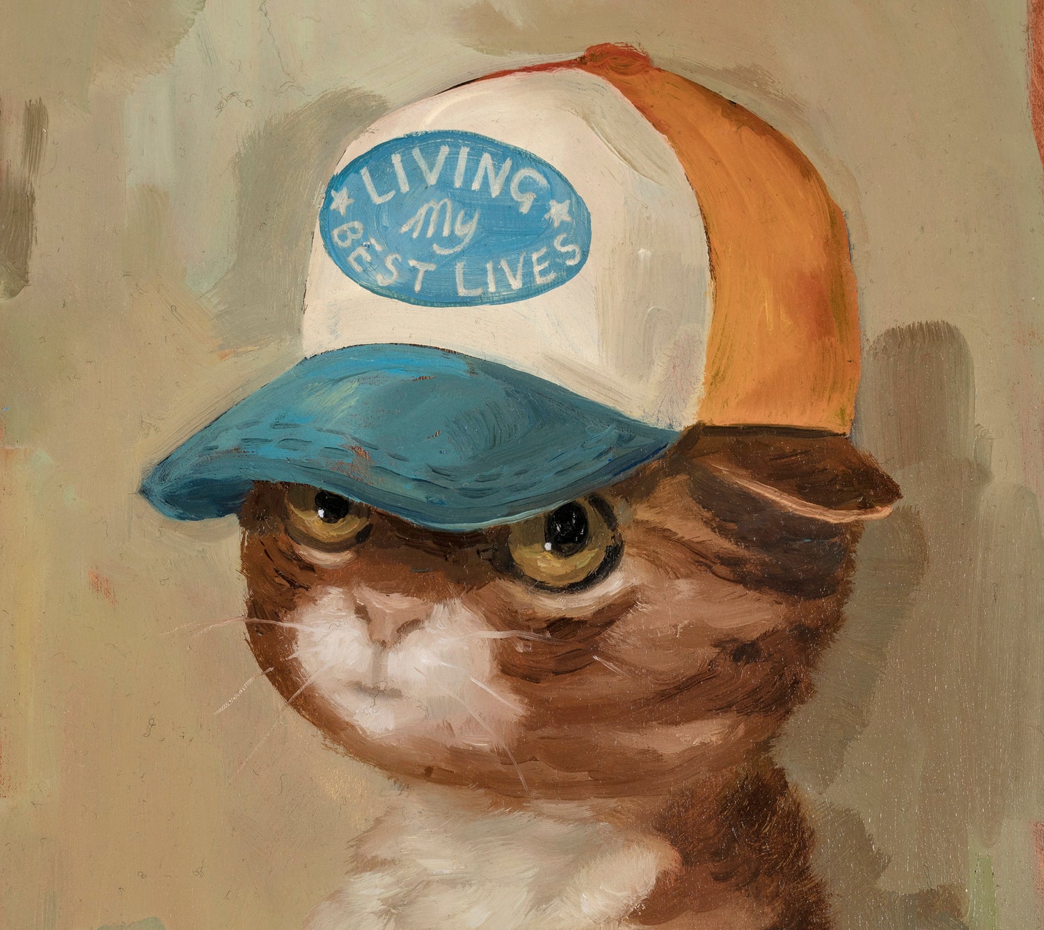 Alison Friend - painting of a cat in a trucker hat that says "Living My Best Lives"