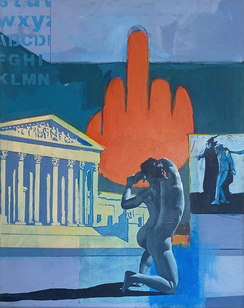 Painting of a hand holding up the middle finger, a white building with columns, and a nude man posing