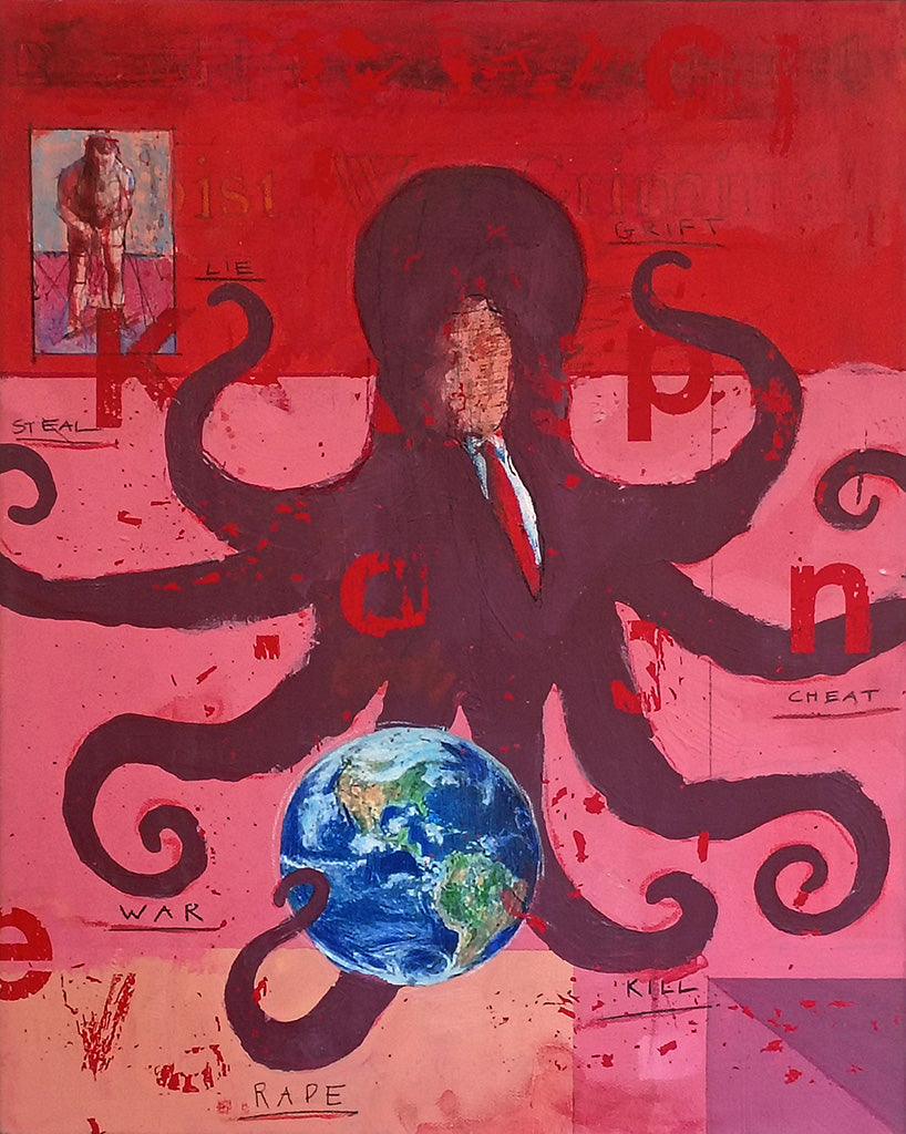 Painted of an octopus holding the earth in its tentacles