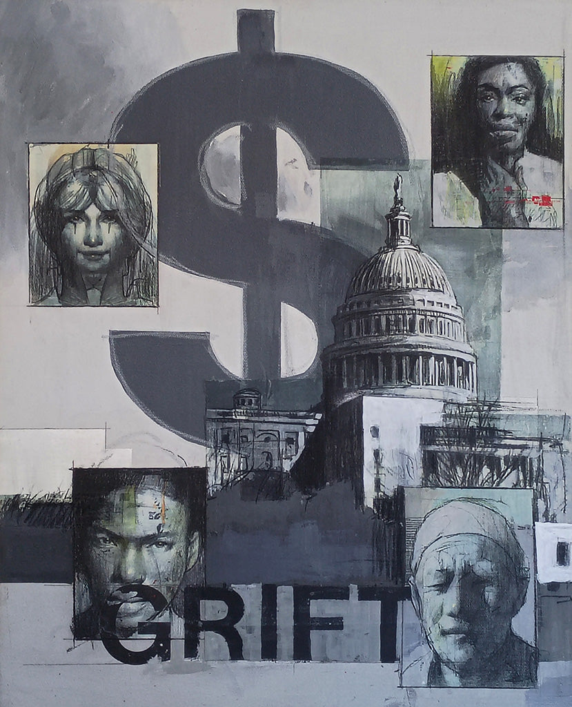 Painting of a dollar sign, four portraits of people, and the word "Grift"
