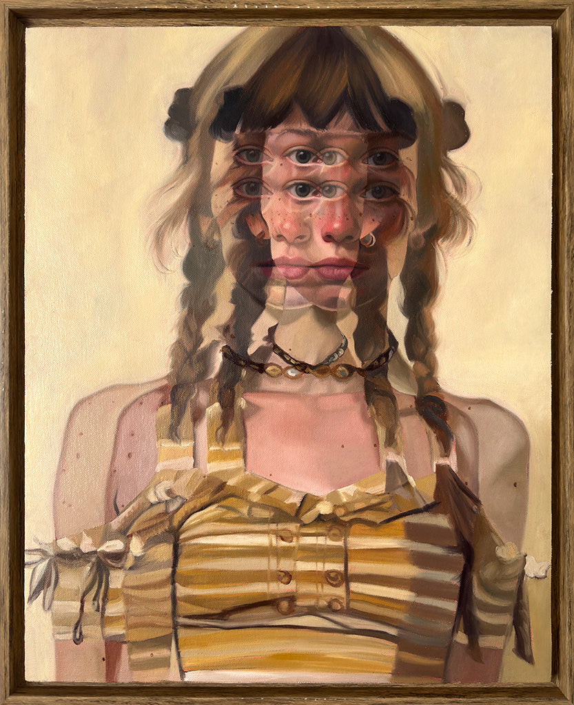 Painted  portrait of a blurry woman in a yellow top and her hair in two braids