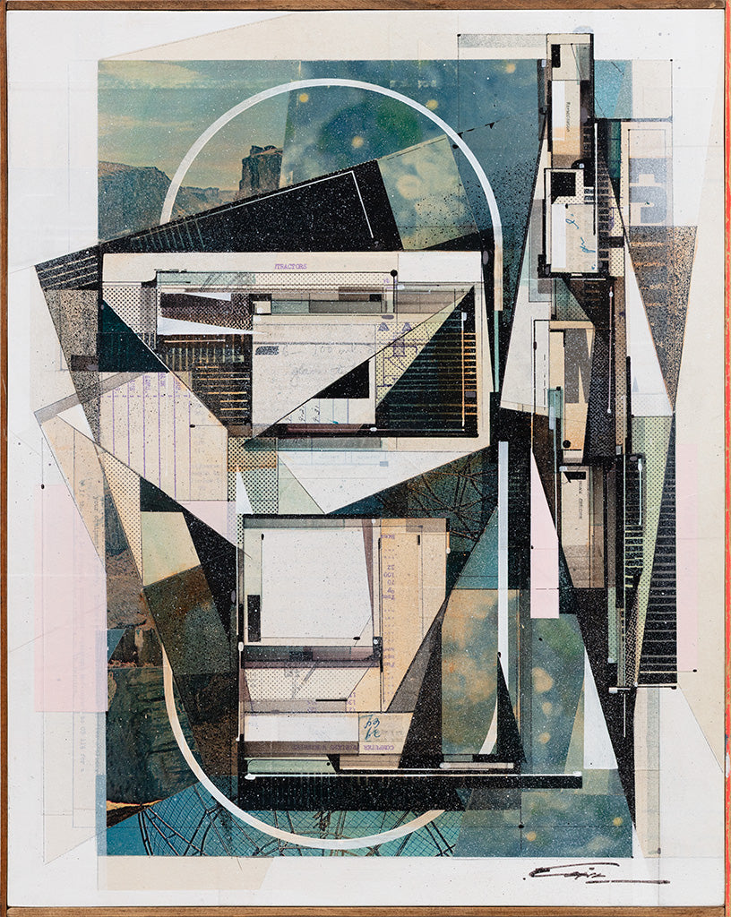 Geometric drawing using shades of blue and tan 