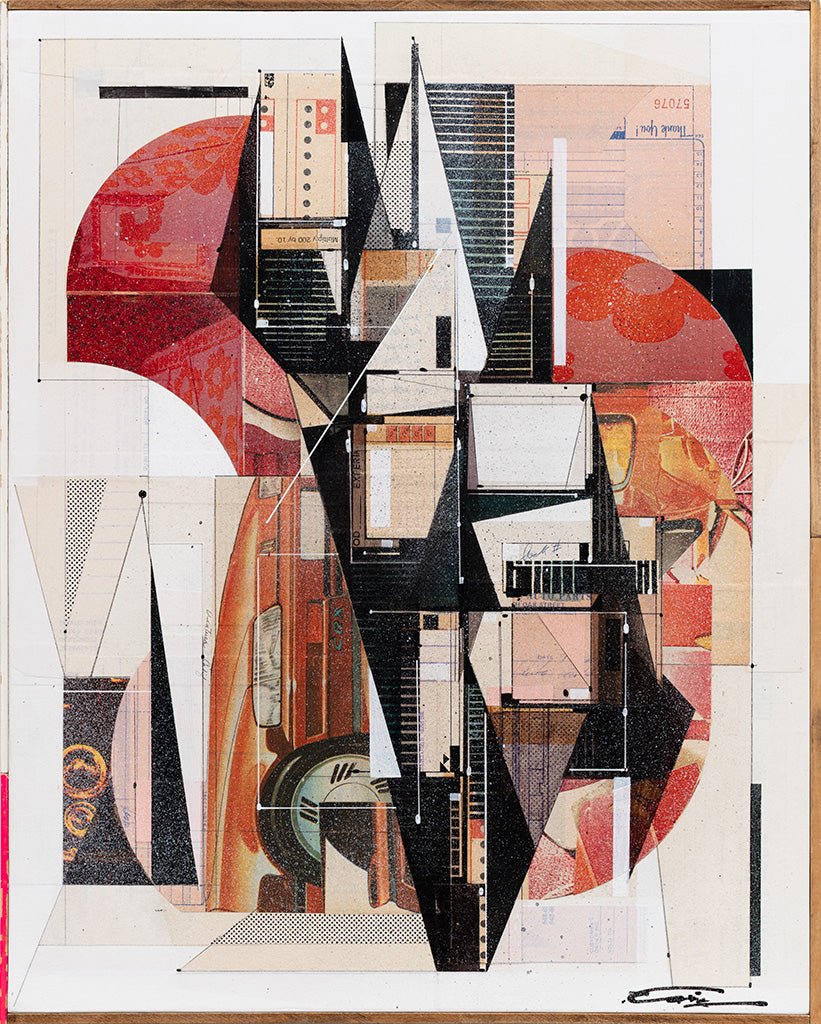 Multimedia work with triangular and circular shapes in the colors red, black, and white