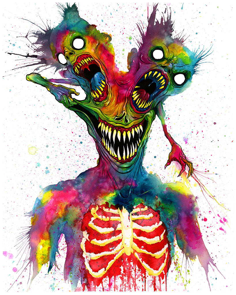 Colorful abstract creature with a skeleton chest on a white background