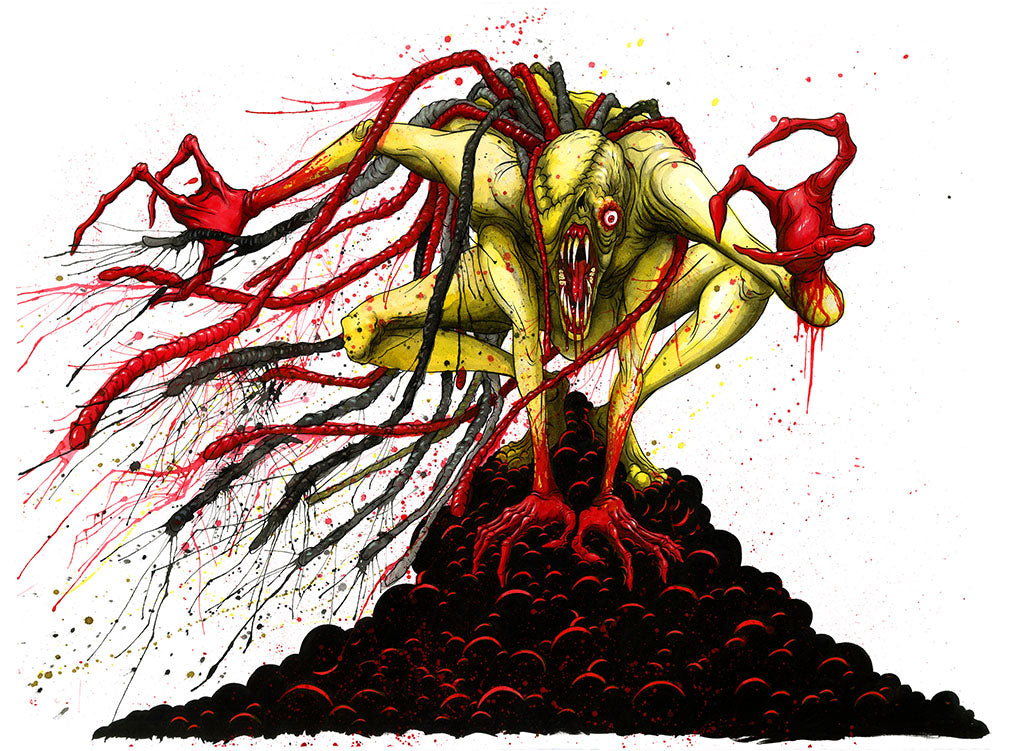 Illustration of a monstrous creature with red tendrils and a dark base on a white background