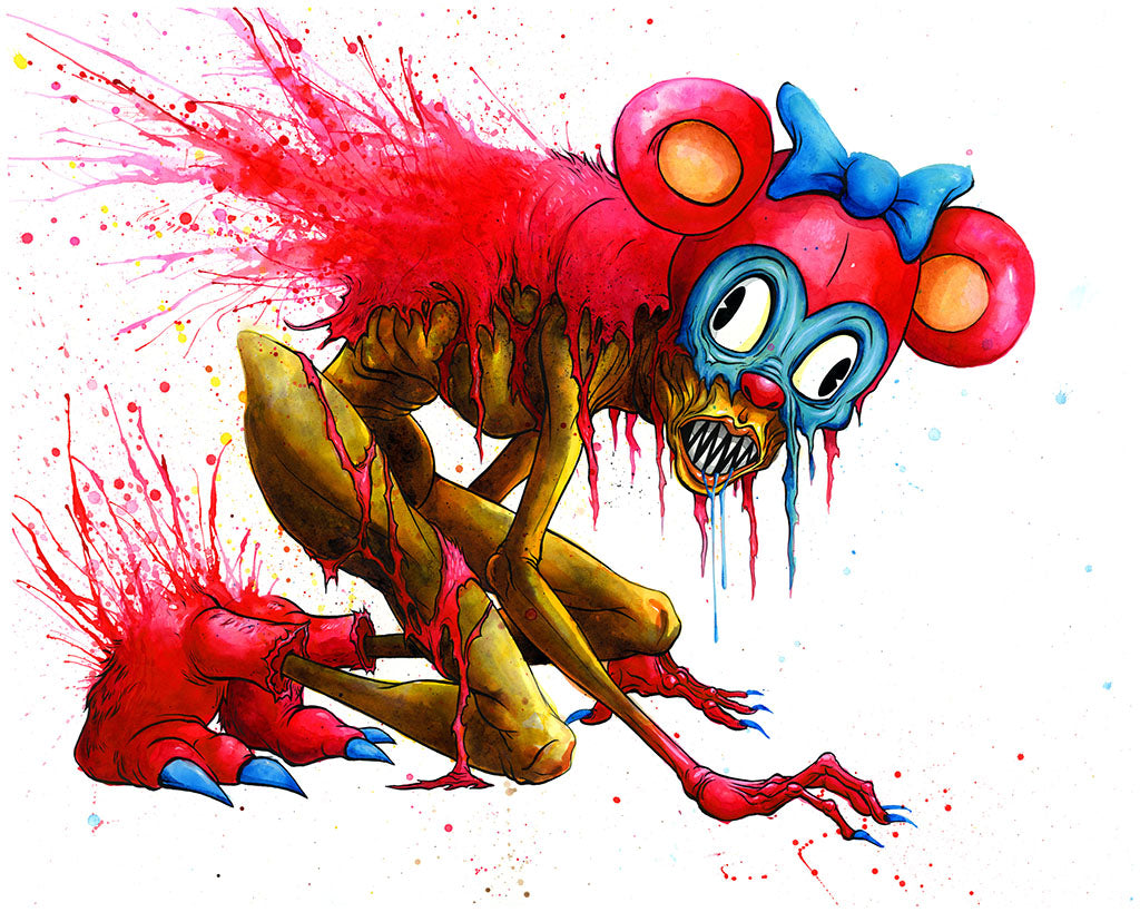 Colorful creature with red and blue features on a white background