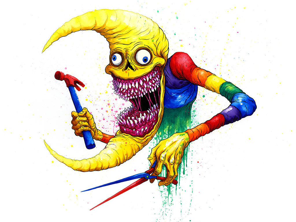Colorful monster holding a hammer and sword on a white background