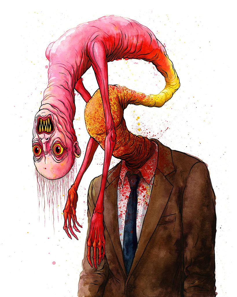 Illustration of a person in a suit with a monstrous creature emerging from their head.