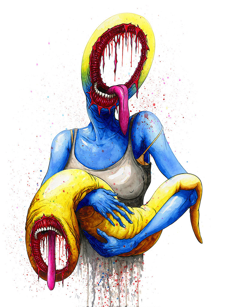 Colorful creature with blue body, yellow and red accents on a white background