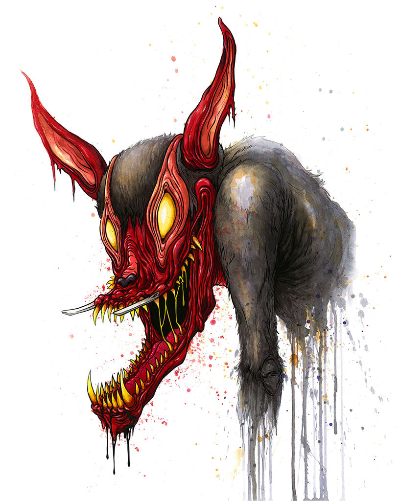 Illustration of a demonic creature with red horns and glowing yellow eyes on a white background.