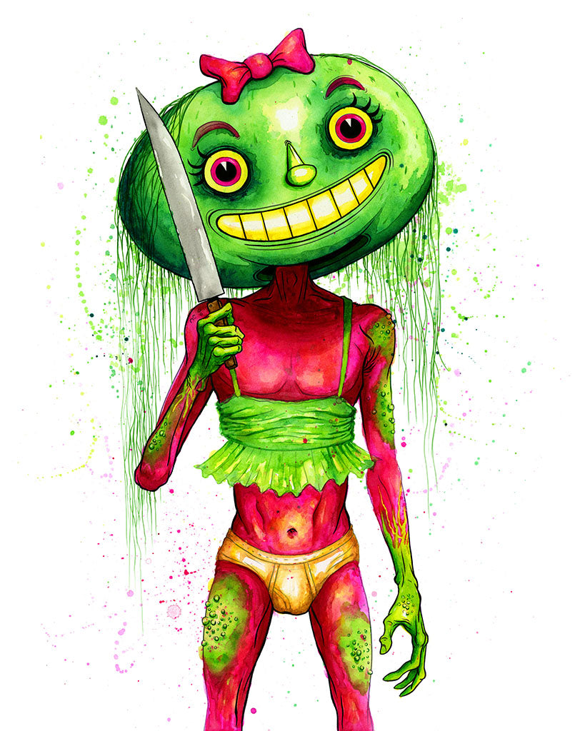 Colorful illustration of a character with a green head and pink body holding a knife.