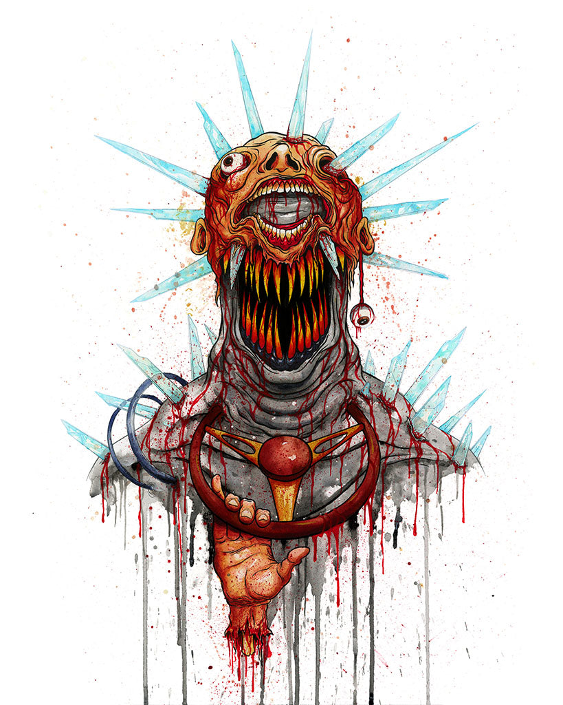 Artistic illustration of a creature with a mechanical chest piece on a white background