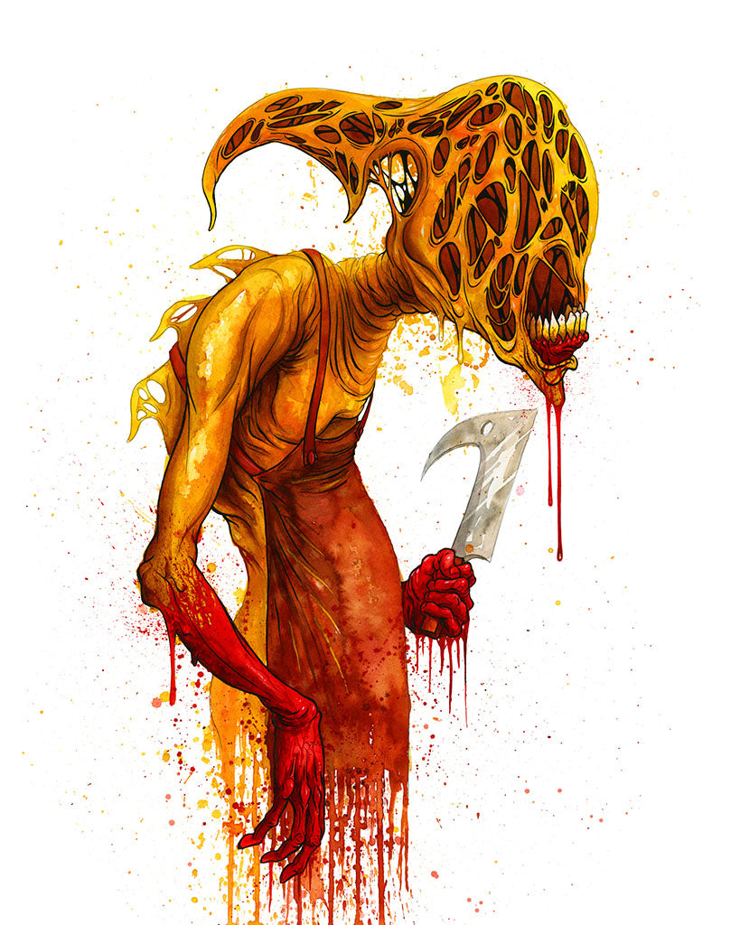 Illustration of a creature with a large head and a weapon, on a white background