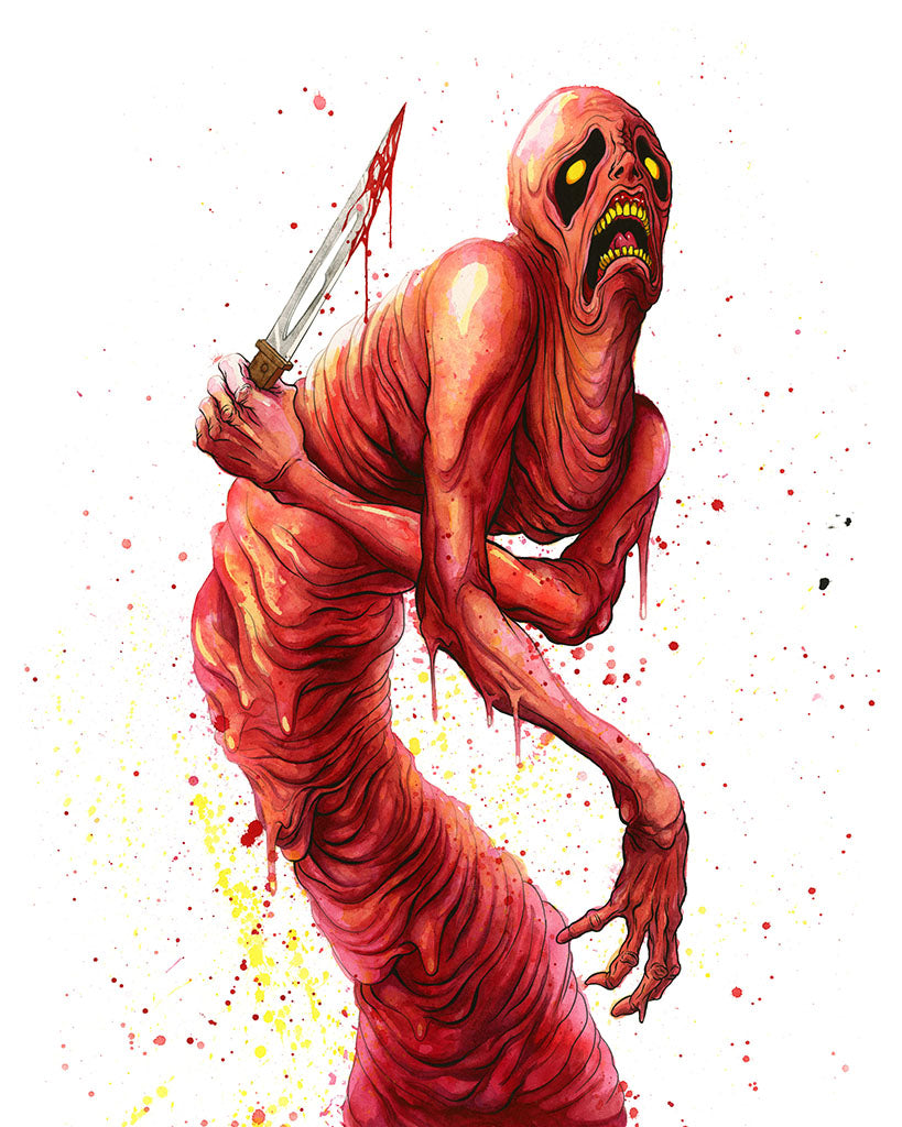 Horror-themed creature with a knife on a white background