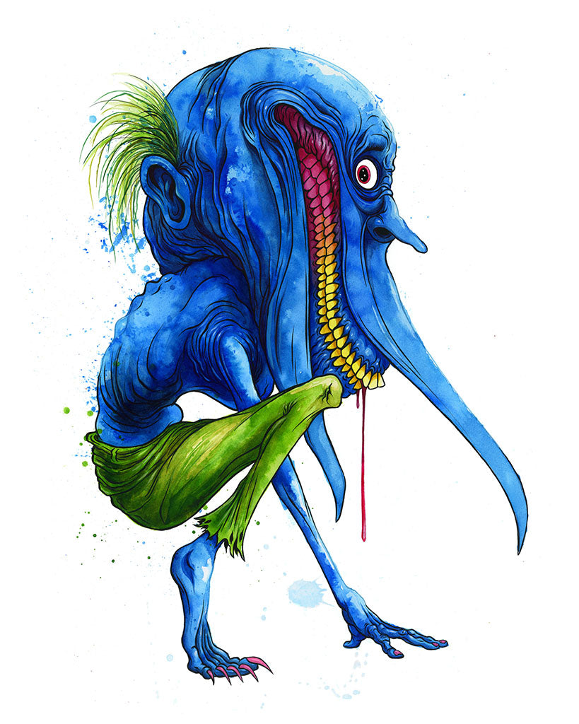 Colorful creature with blue body, green wings, and red interior on a white background