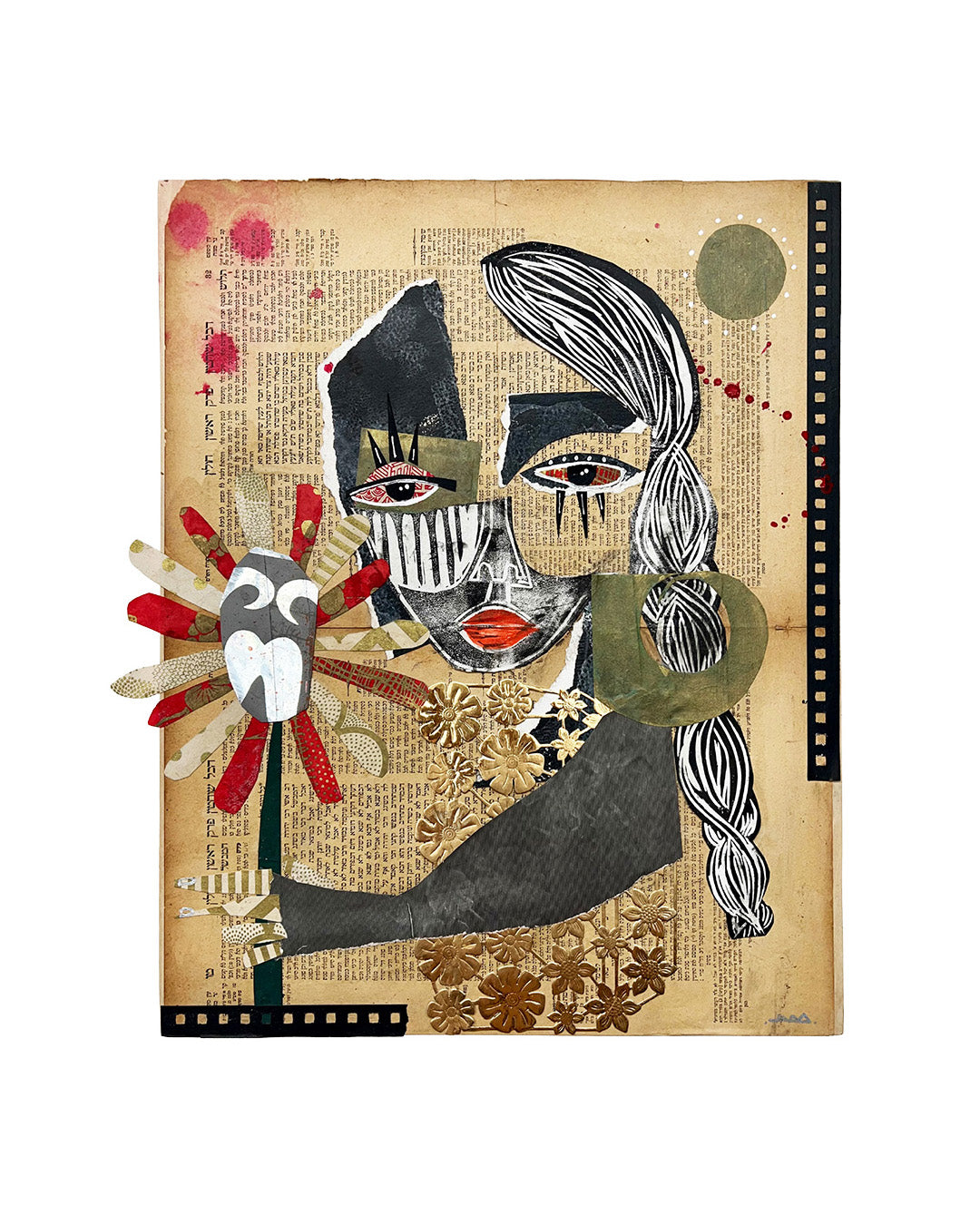 Mixed media collage of a woman with braided hair holding a flower