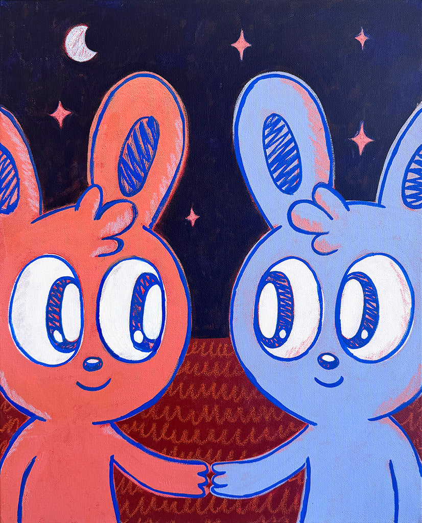 Painting of a red bunny and a blue bunny holding hands and looking at one another in front of a night sky