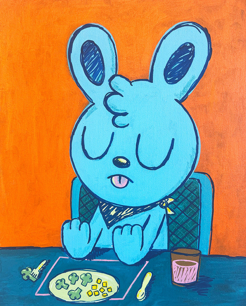 Painting of a blue bunny sitting at a table looking disgusted at a plate of broccoli