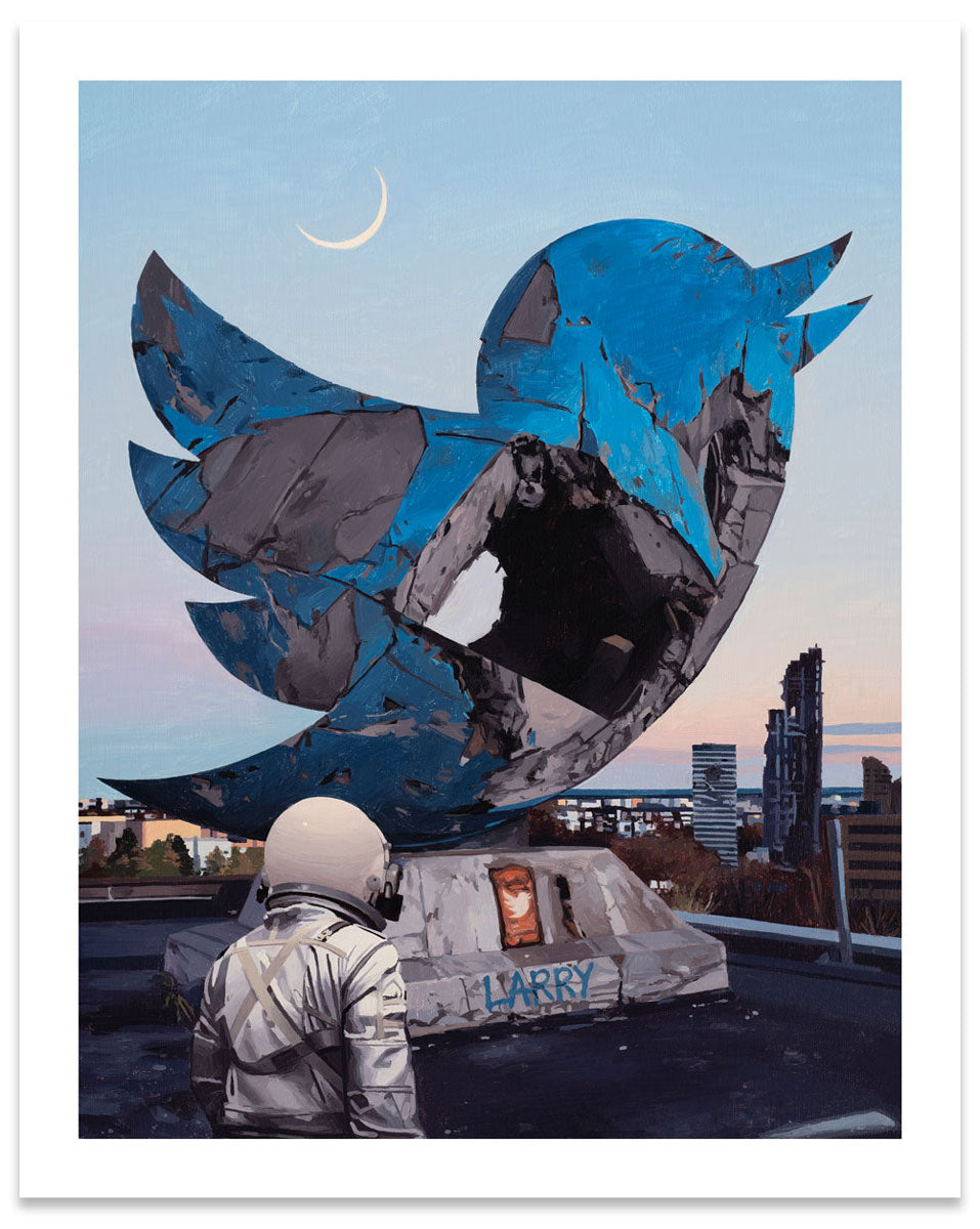 Artistic depiction of a broken Twitter logo with a person observing it from a rooftop.