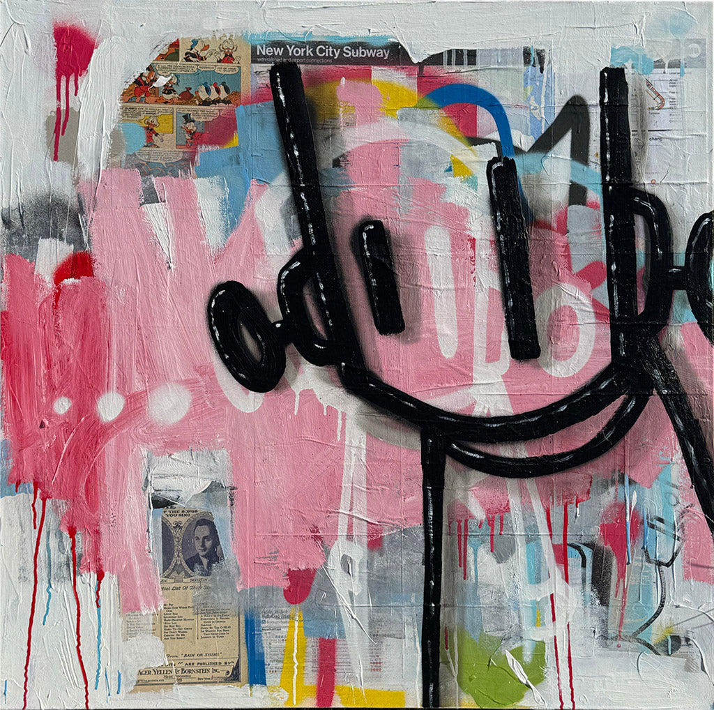 Abstract artwork with black robot, colorful background, and newspaper clippings.