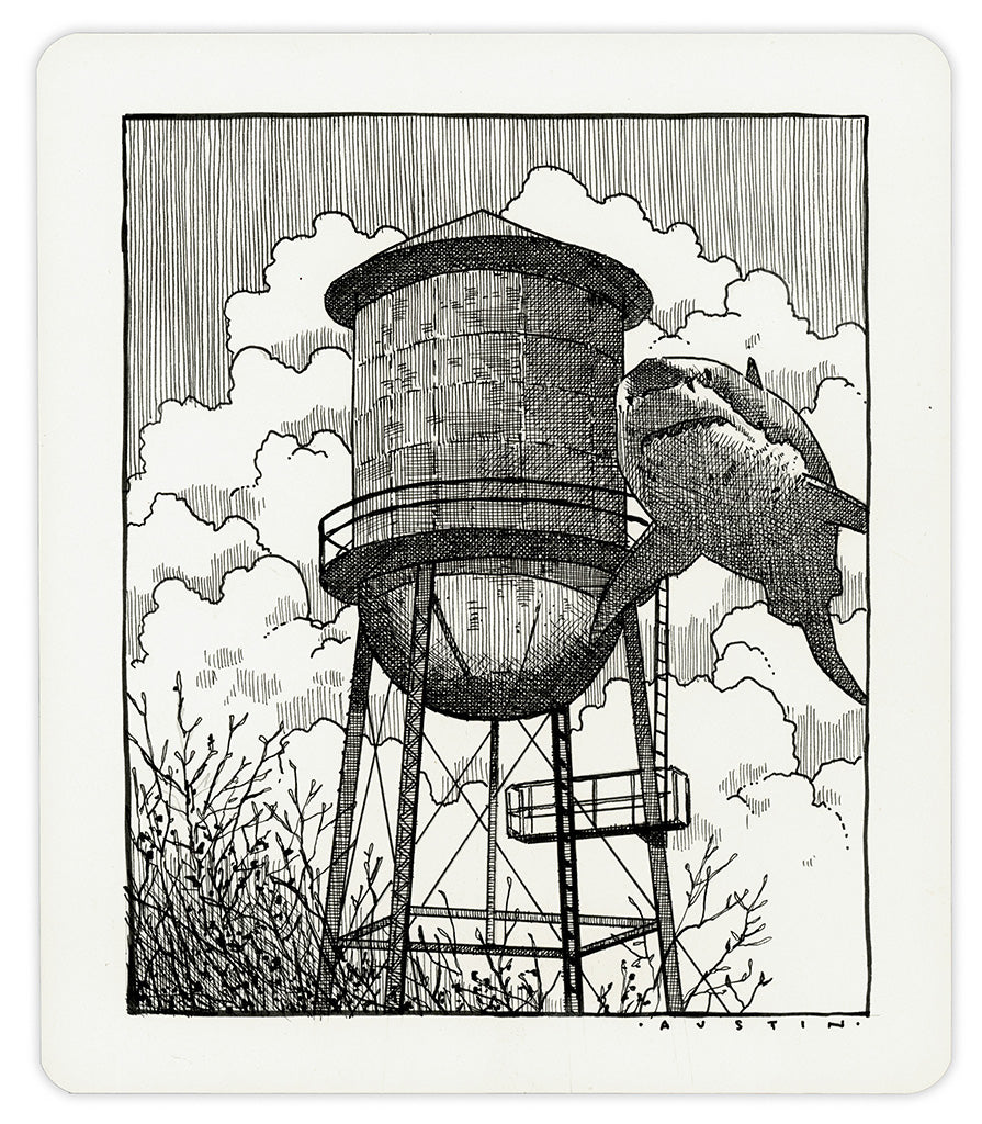 Image of an ink on paper line drawing by artist Chris Austin