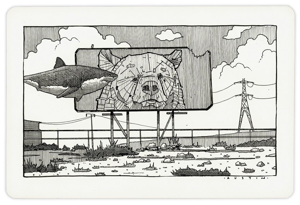 Image of an ink on paper line drawing by artist Chris Austin