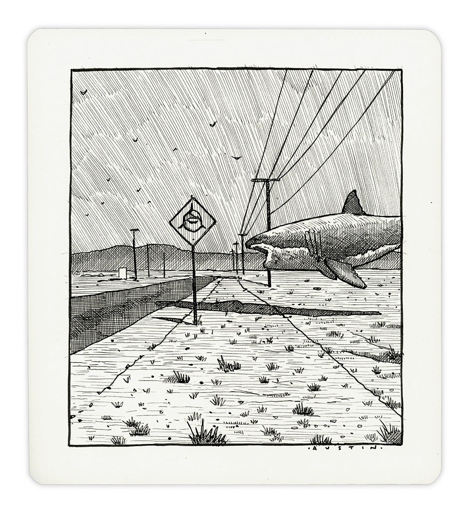 Image of an ink on paper line drawing by artist Chris Austin