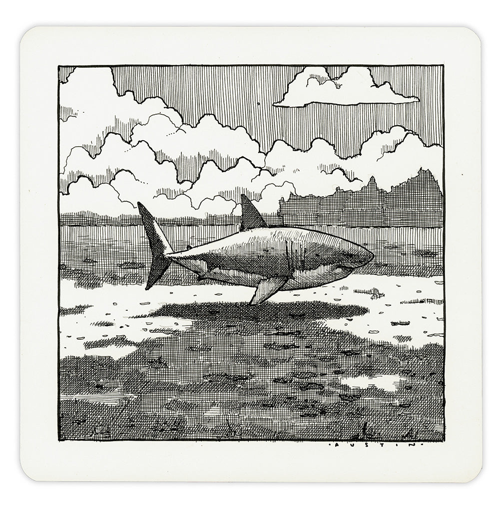 Image of an ink on paper line drawing by artist Chris Austin