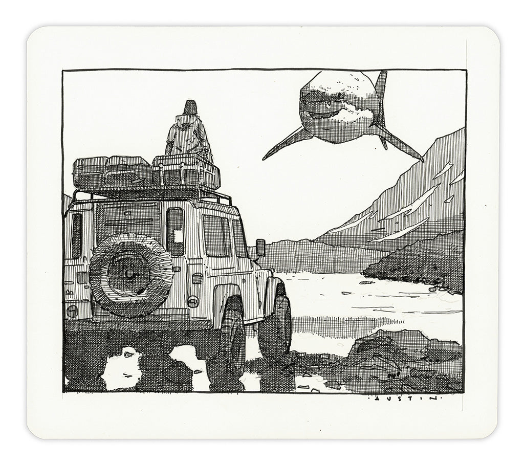 Image of an ink on paper line drawing by artist Chris Austin