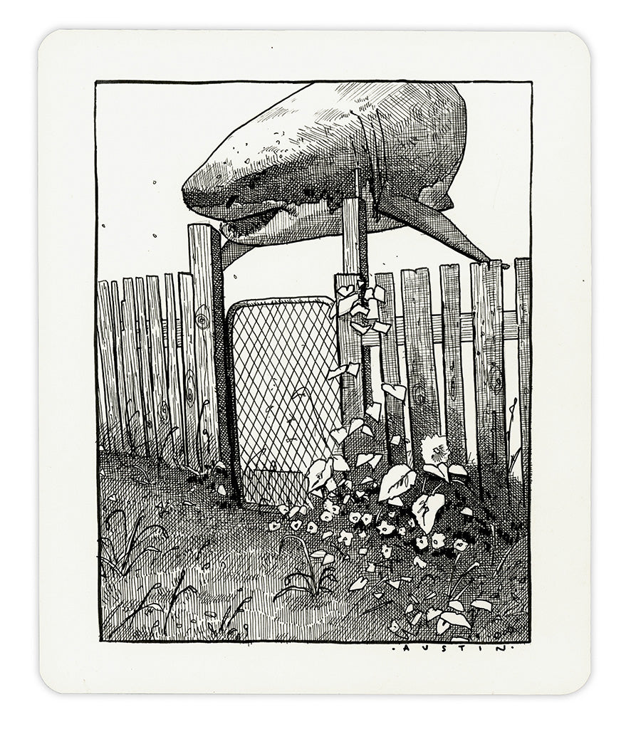 Image of an ink on paper line drawing by artist Chris Austin