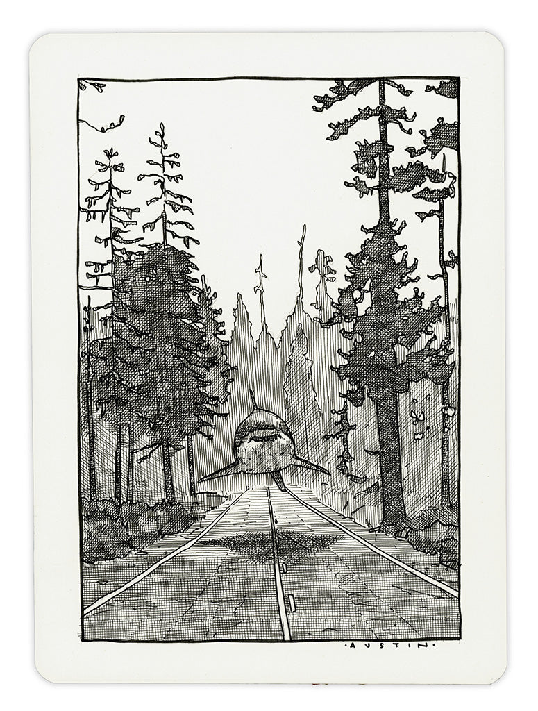 Image of an ink on paper line drawing by artist Chris Austin