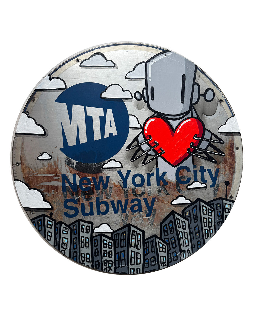 Circular sticker with MTA logo, robot holding a heart, and New York City skyline.