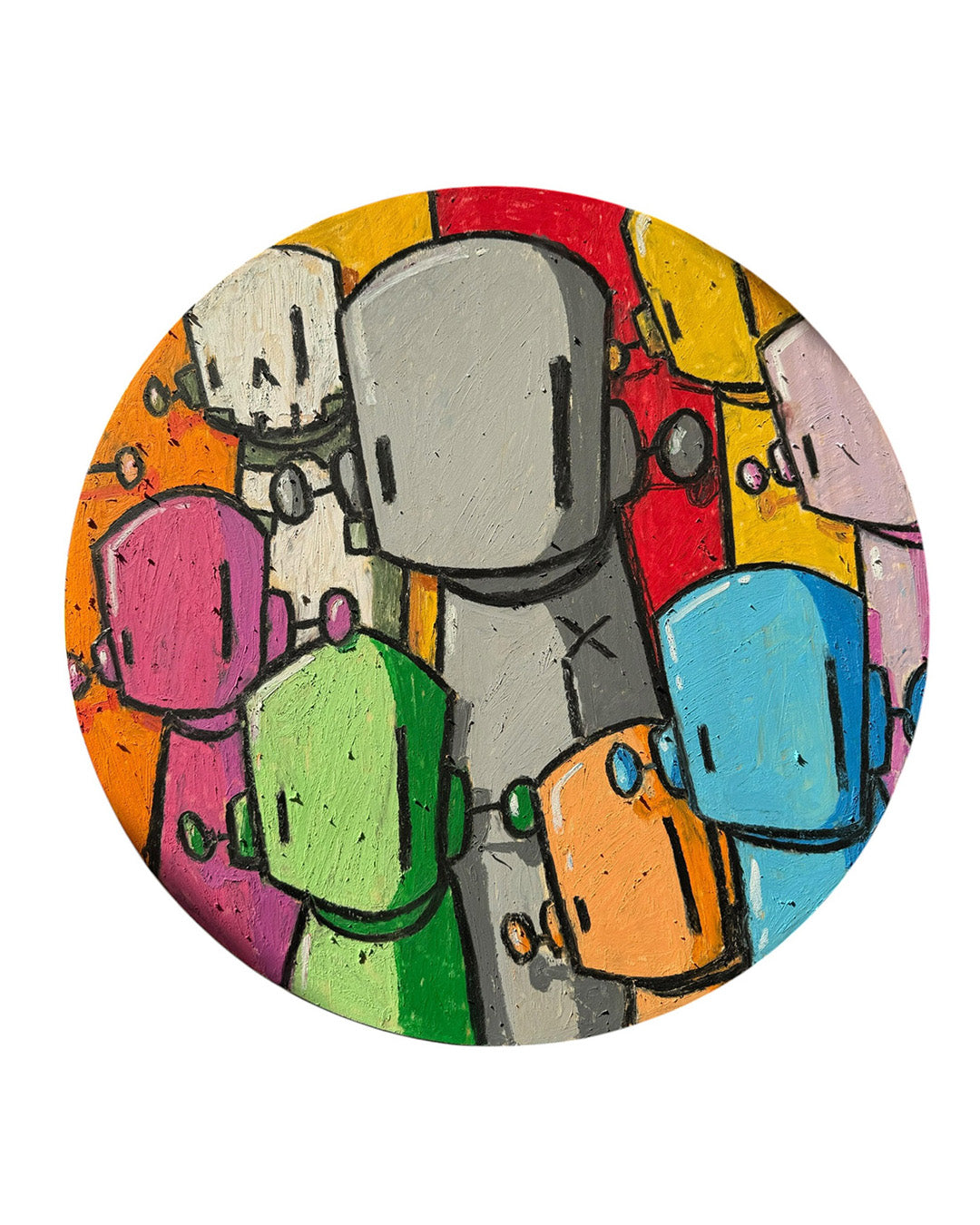 Colorful illustration of robots on a circular background
