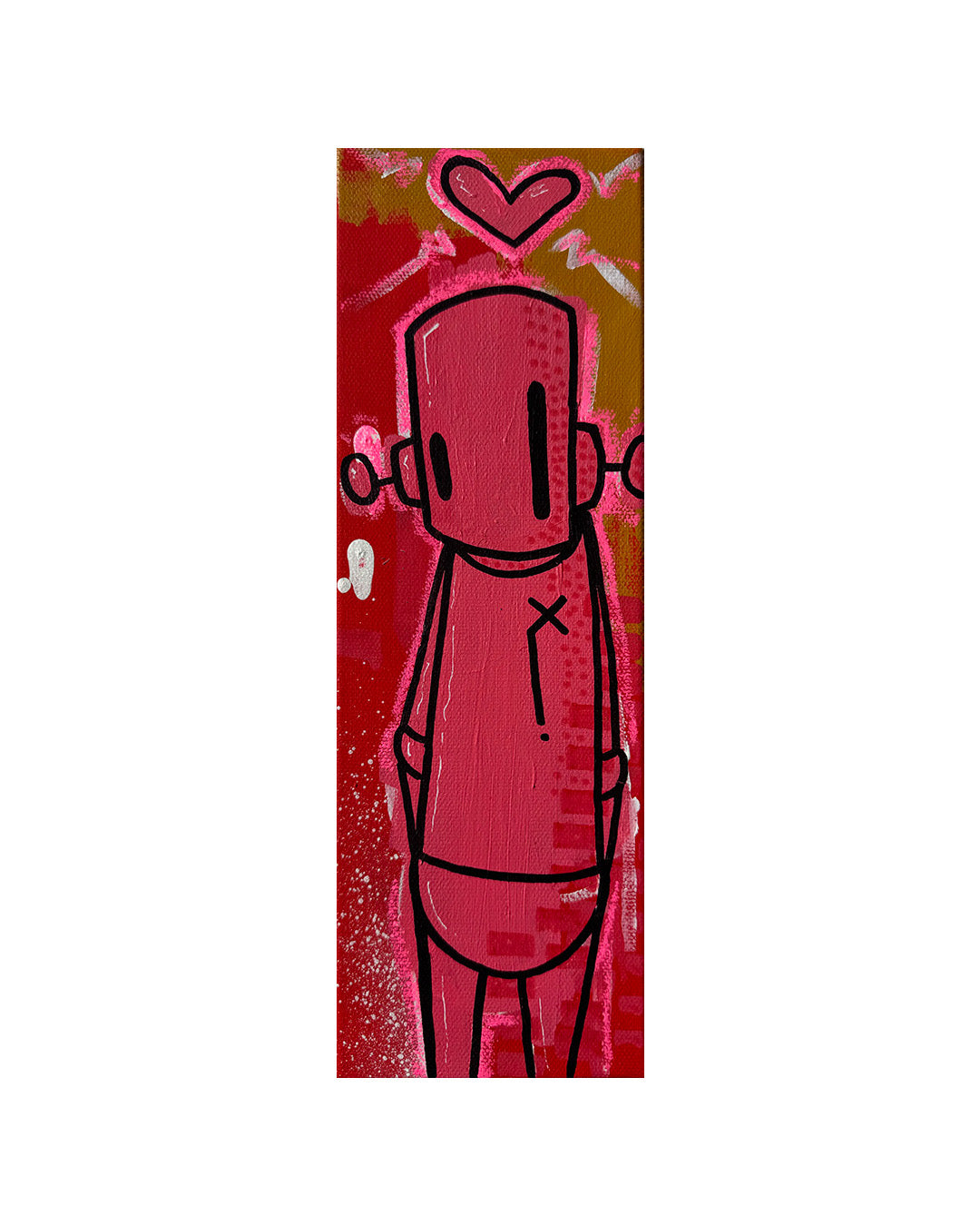 Abstract artwork of a robot with a heart on a red background