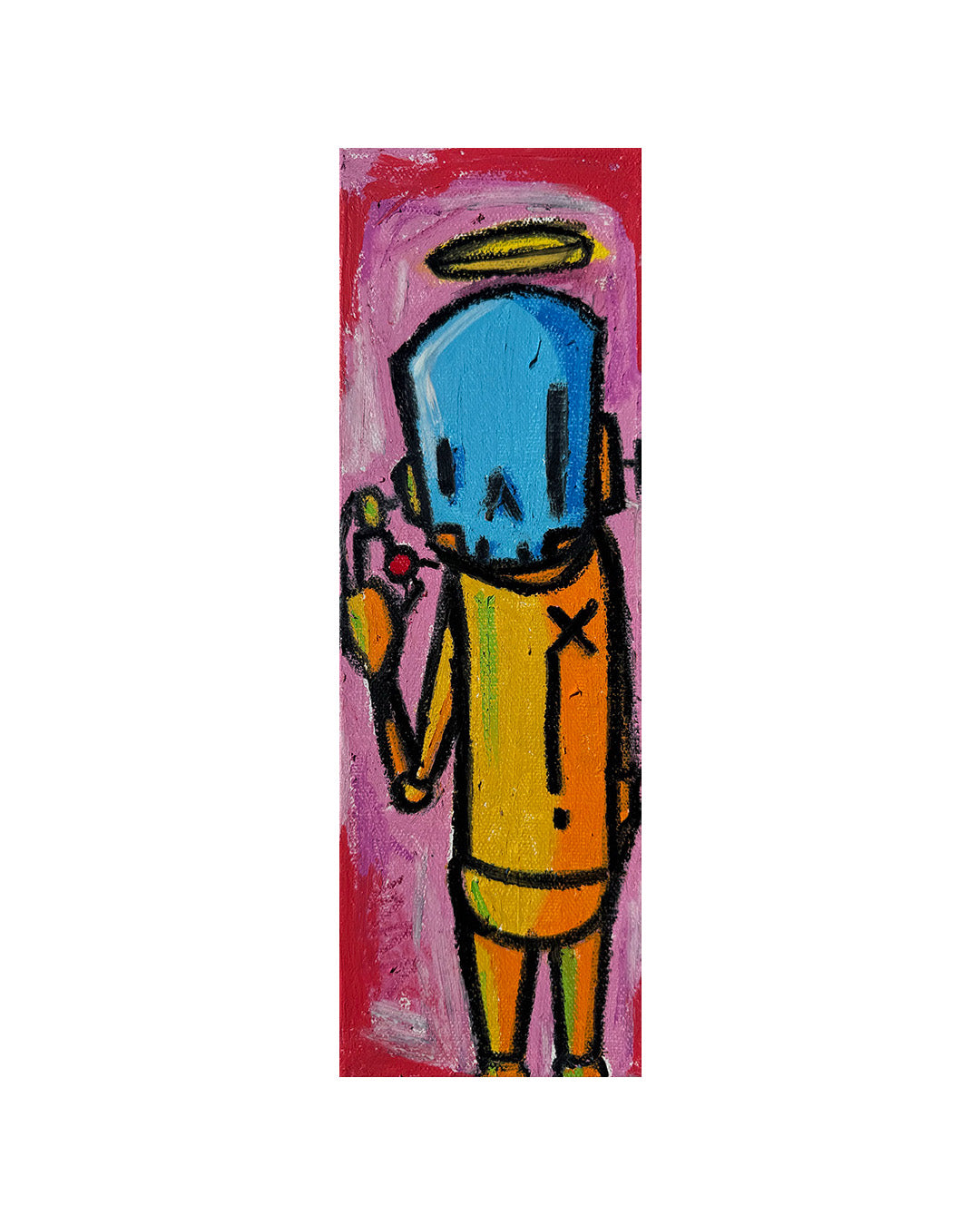 Blue and yellow robot with a halo