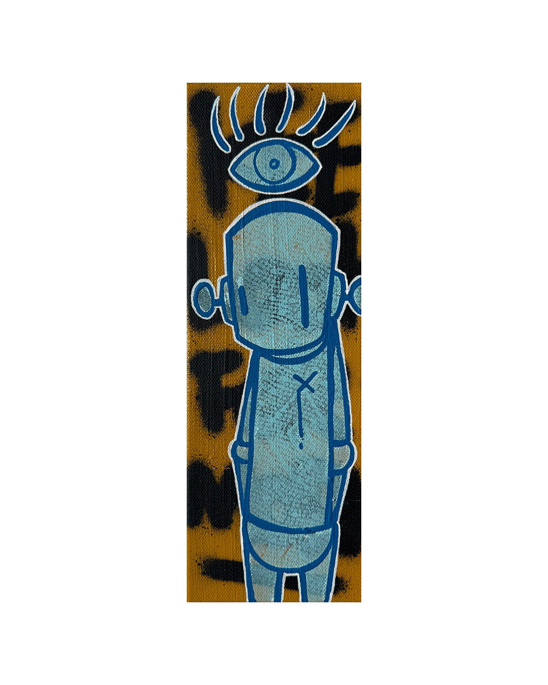 Abstract artwork with a blue figure and eye design on a brown background