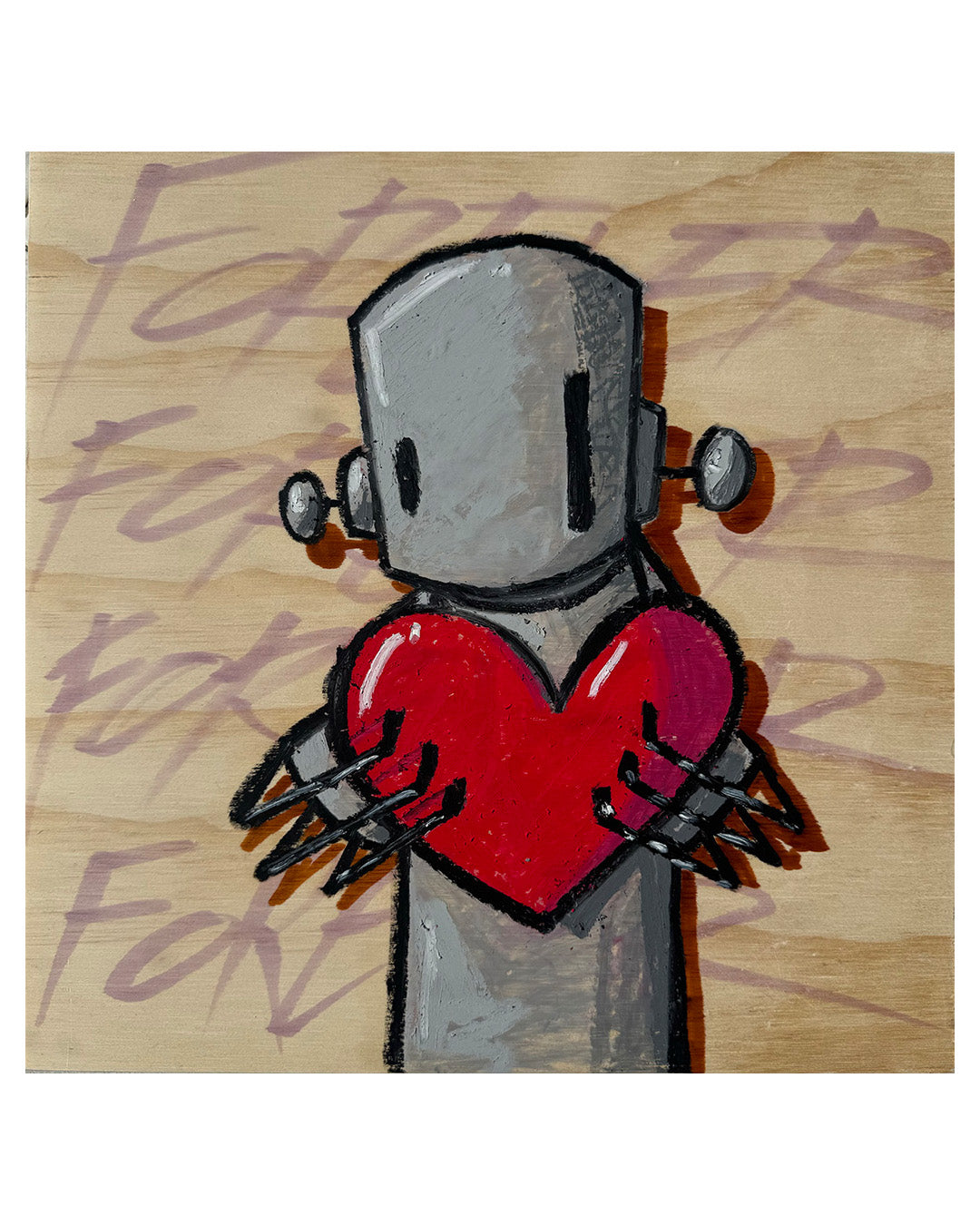 Robot holding a red heart on a wooden background with blurred text