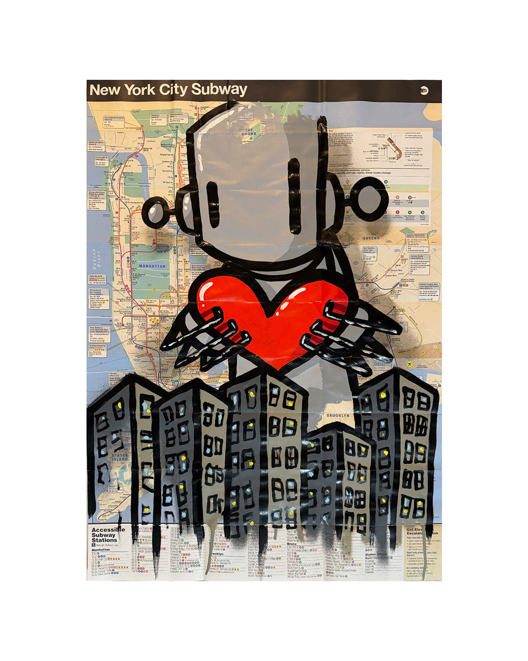 Artistic depiction of a robot holding a heart over a cityscape with a New York City subway map in the background.
