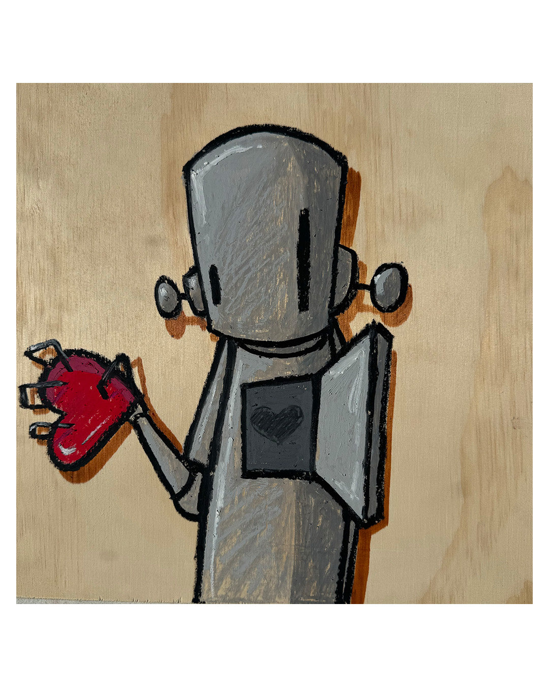 Hand-drawn robot holding a red heart on a wooden background