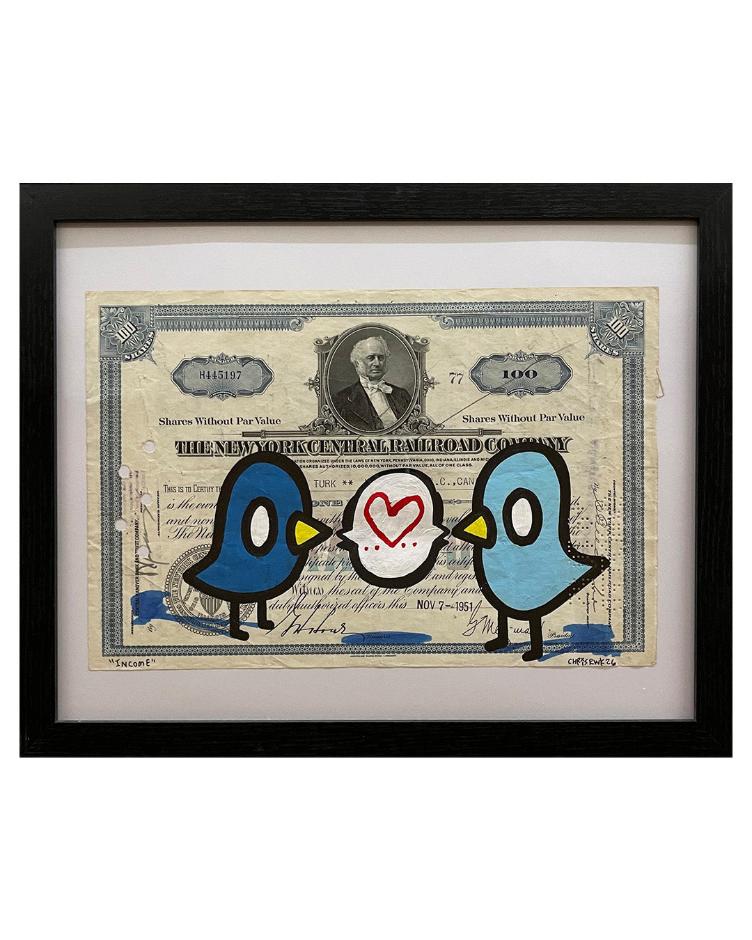 Framed artwork with cartoon birds over a printed stock certificate