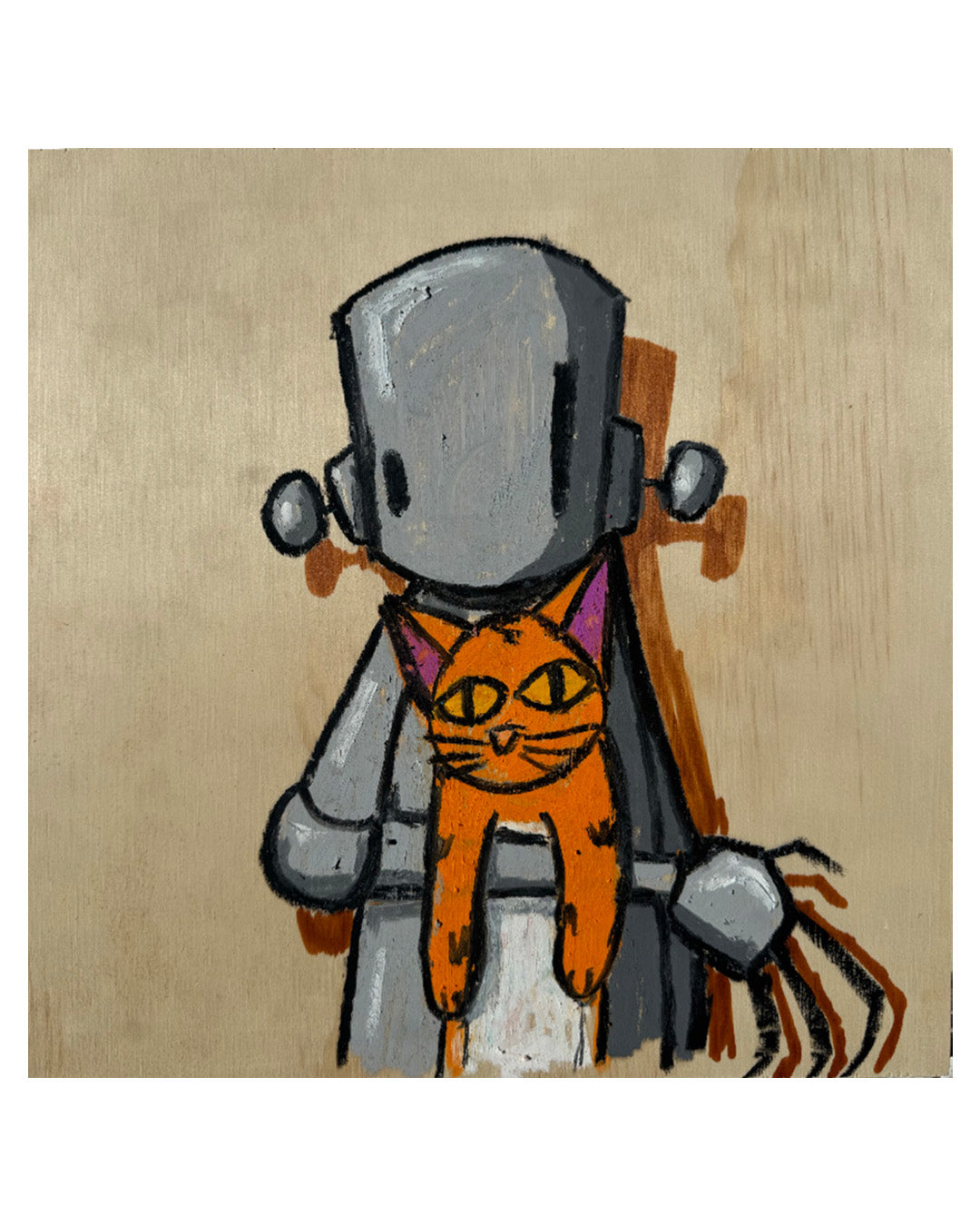 Pastel drawing of a robot holding an orange cat