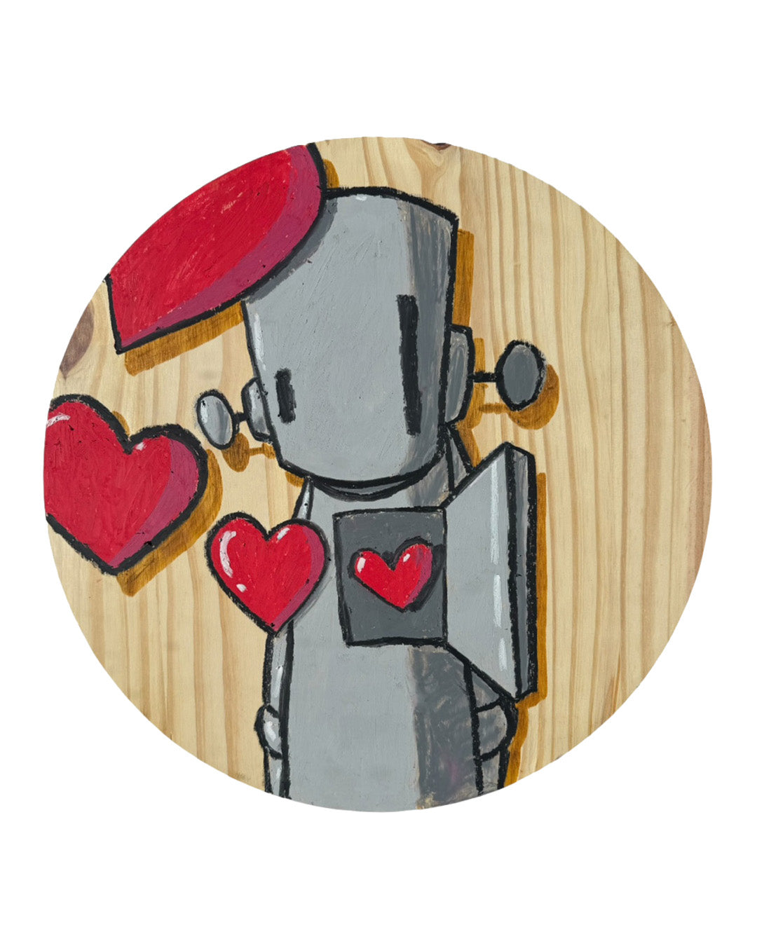 Wooden coaster with a robot holding hearts design