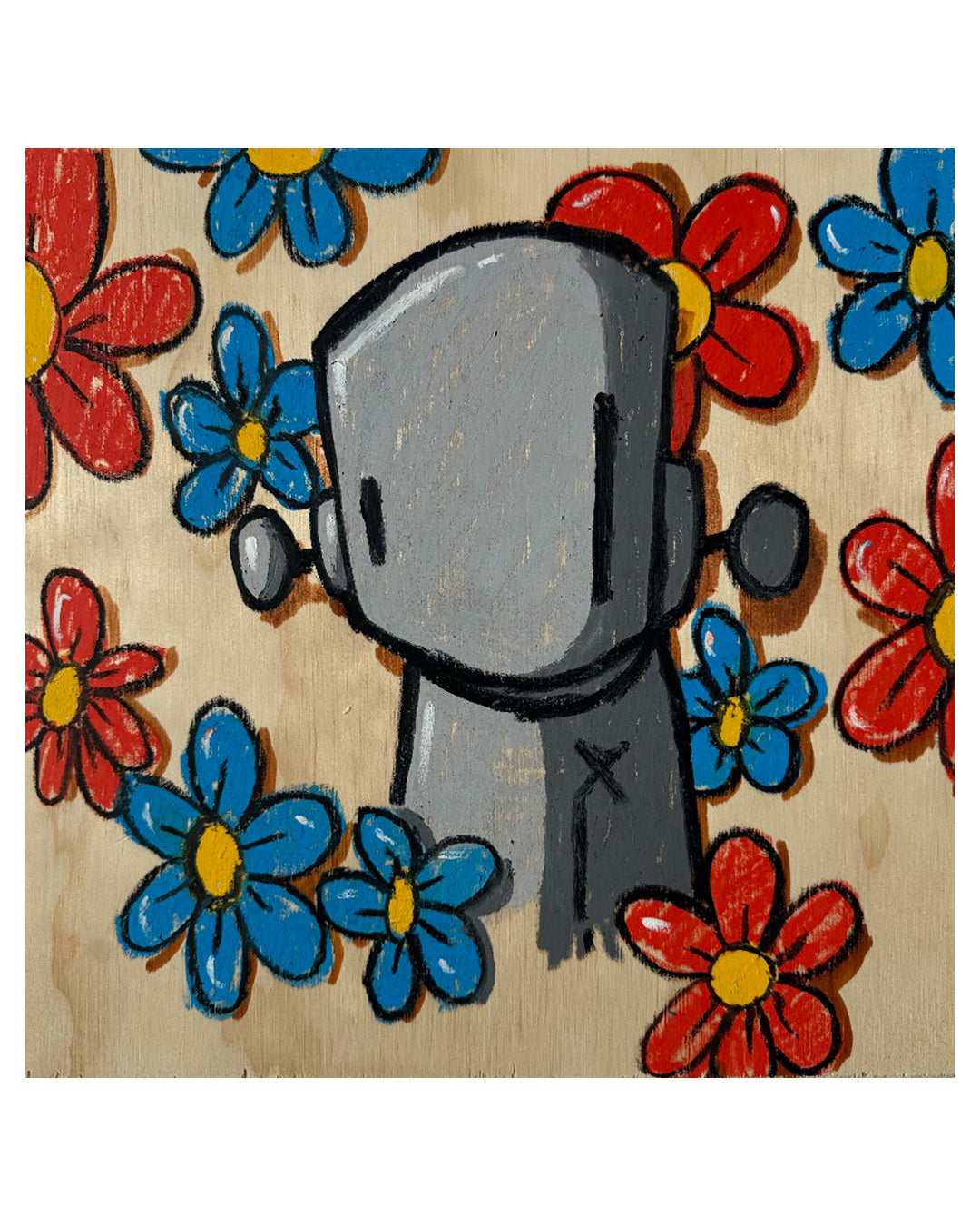 Pastel robot with red and blue flowers on wood