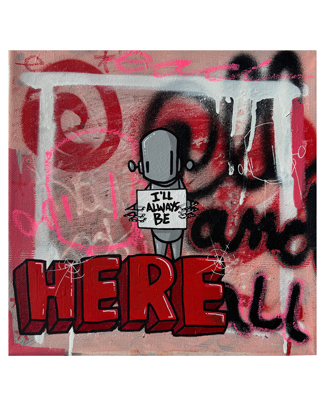 Artistic depiction of a robot holding a sign with text on a graffiti-style background