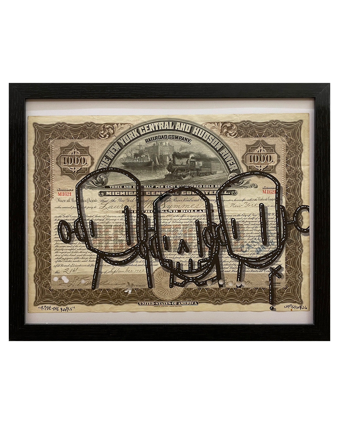 Framed artwork with vintage-style train ticket design and microphone silhouettes.