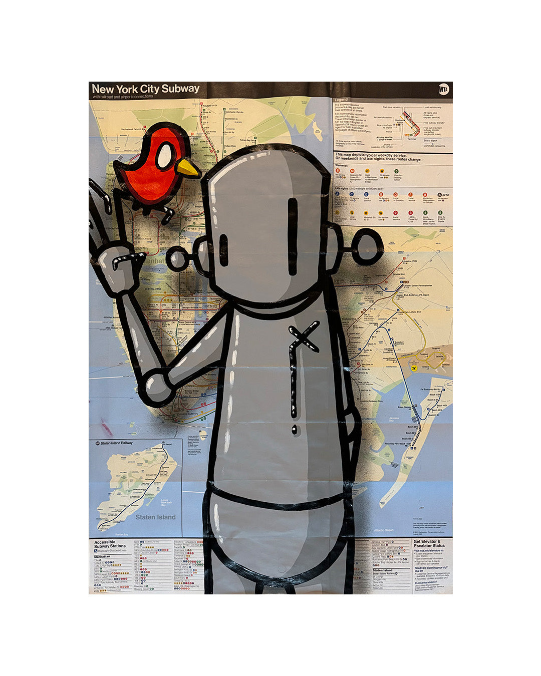 Illustration of a robot and bird on a New York City subway map background
