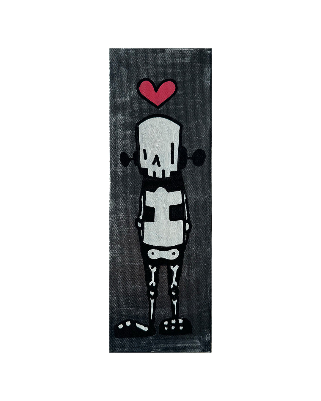 Robot skeleton with a red heart floating above its head
