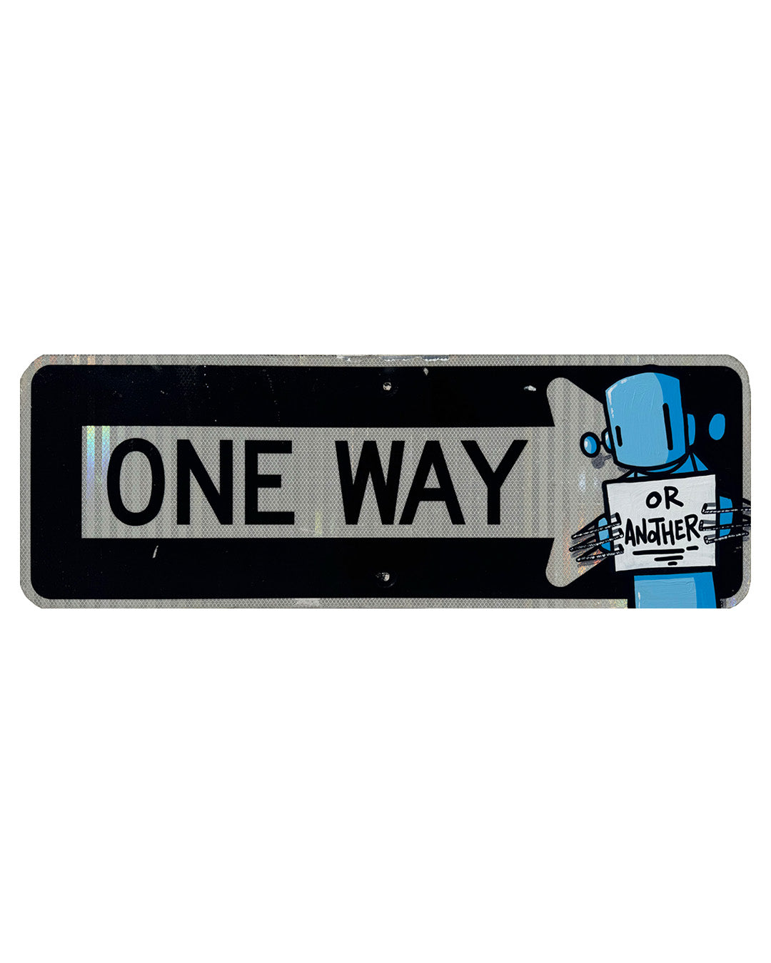 Blue robot holding a paper with words on it on a metal street sign