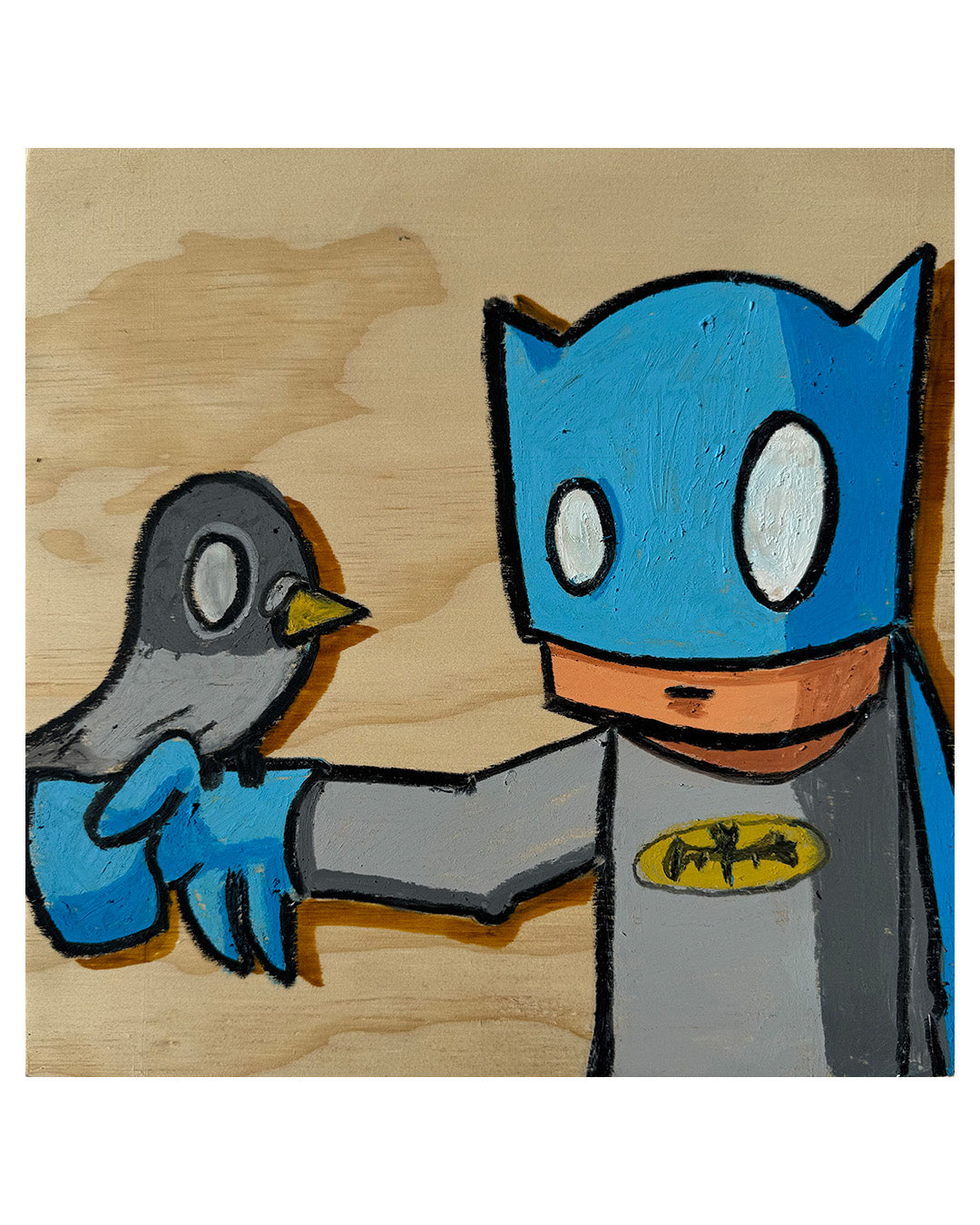 Cartoon character in a blue and gray costume with a bird on a wooden background