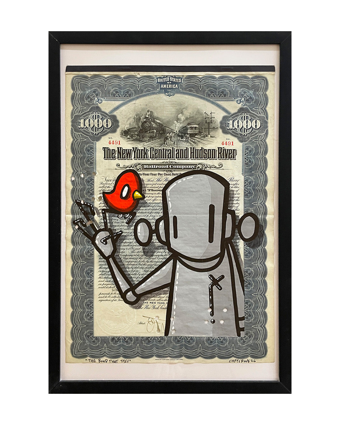 Framed artwork of a robot holding a red bird on a vintage document background